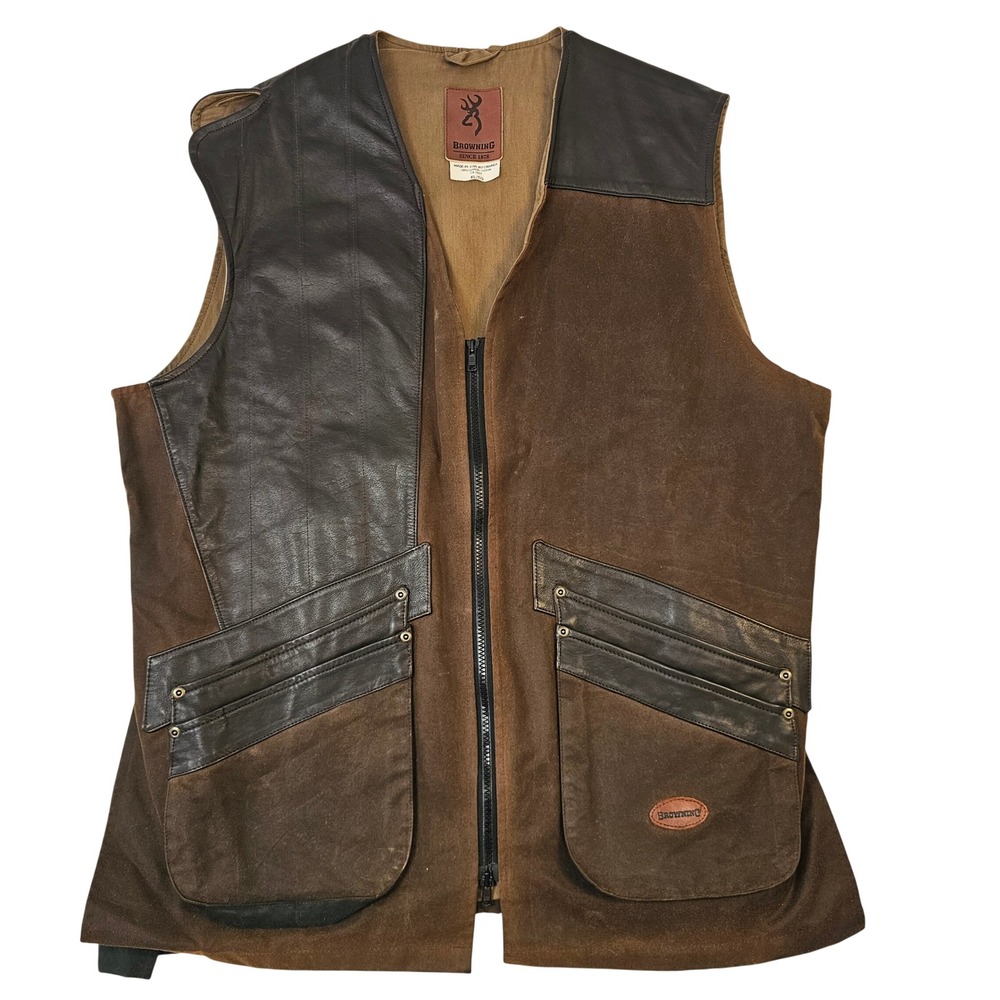 Browning Mens XL Brown Cotton Canvas Leather Trim Shooting Vest Made in Canada